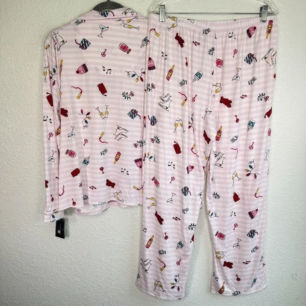 Kate Spade Pajama Set Womens XL Holiday Cocktail Print Winter Christmas Pjs NEW